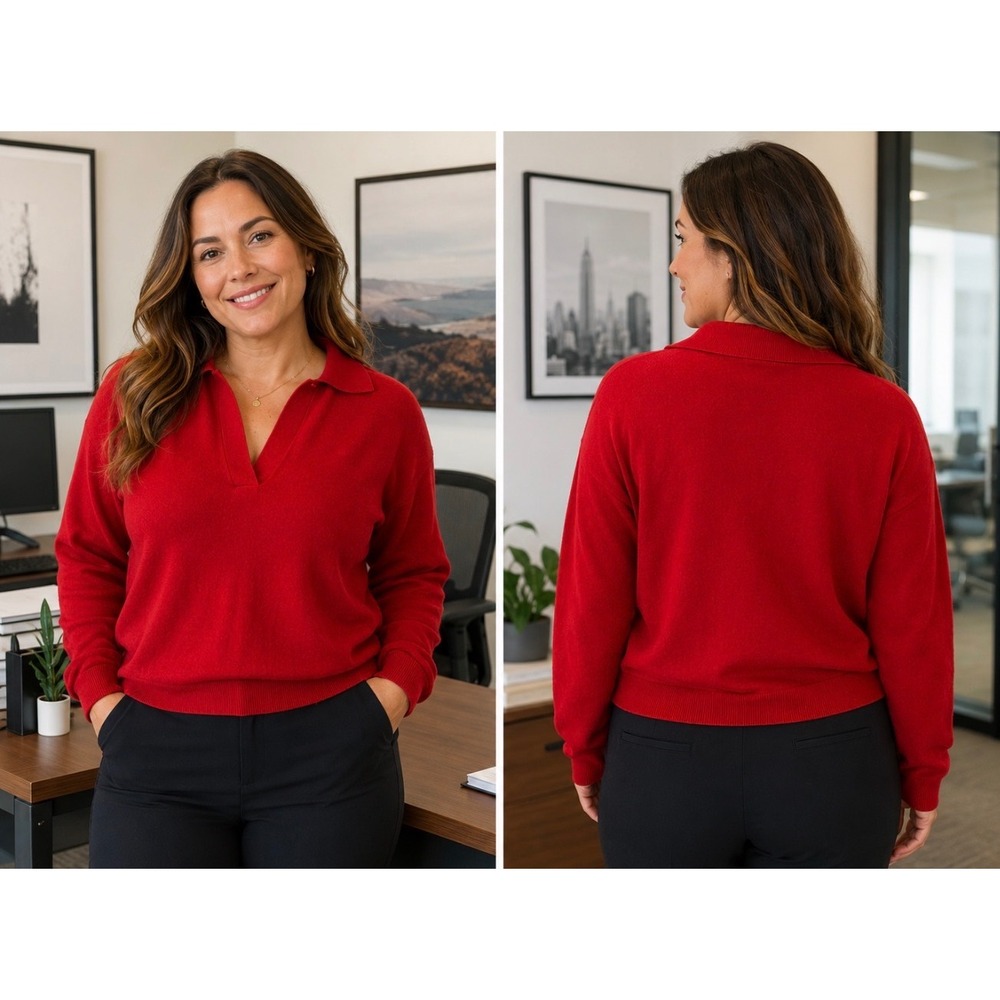 Club Monaco Red Cashmere Polo Sweater Womens Large Long Sleeve Knit Pullover